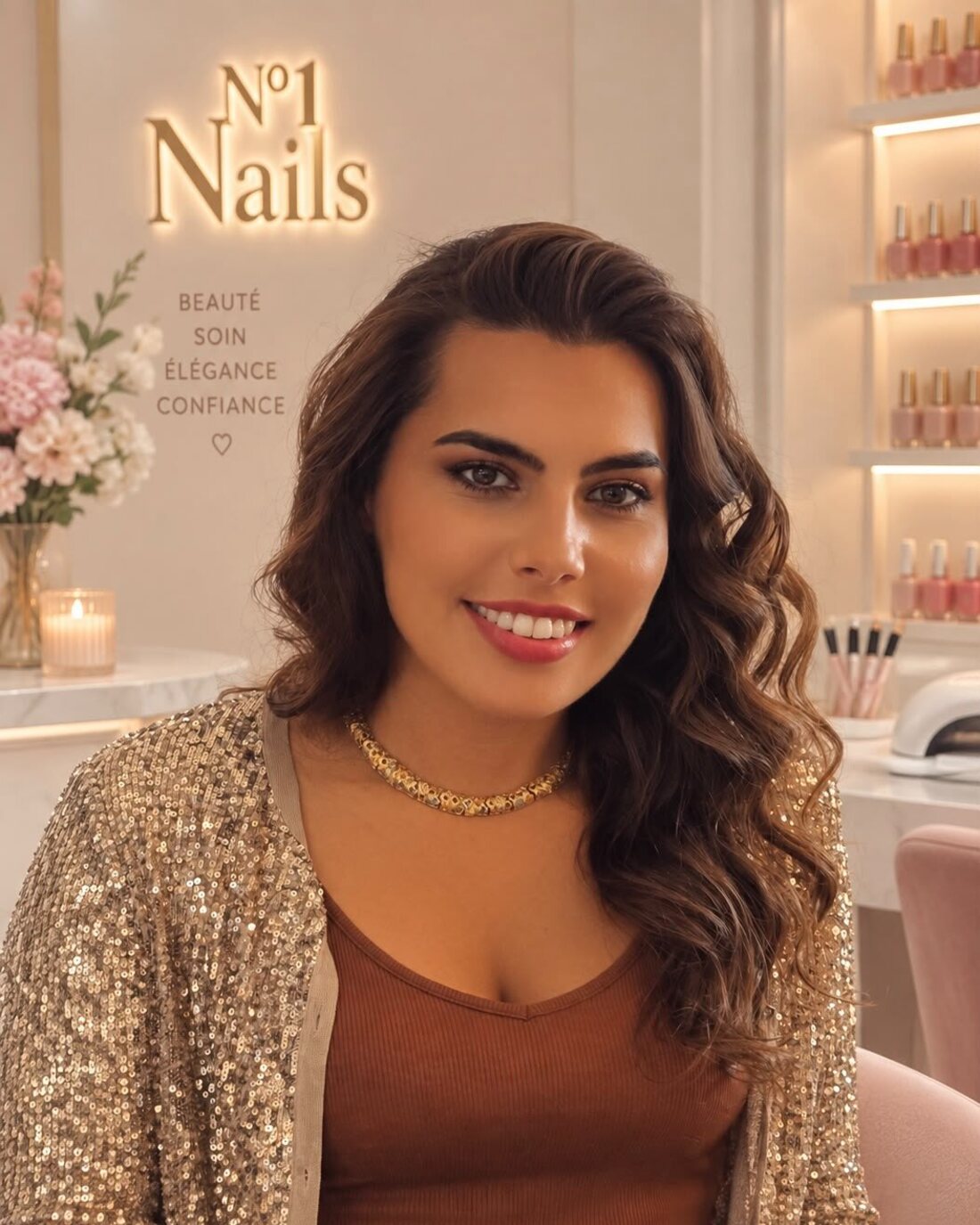 Caroline Rodriguez, prothésiste ongulaire, dans son salon devant le lettrage doré N°1 Nails.