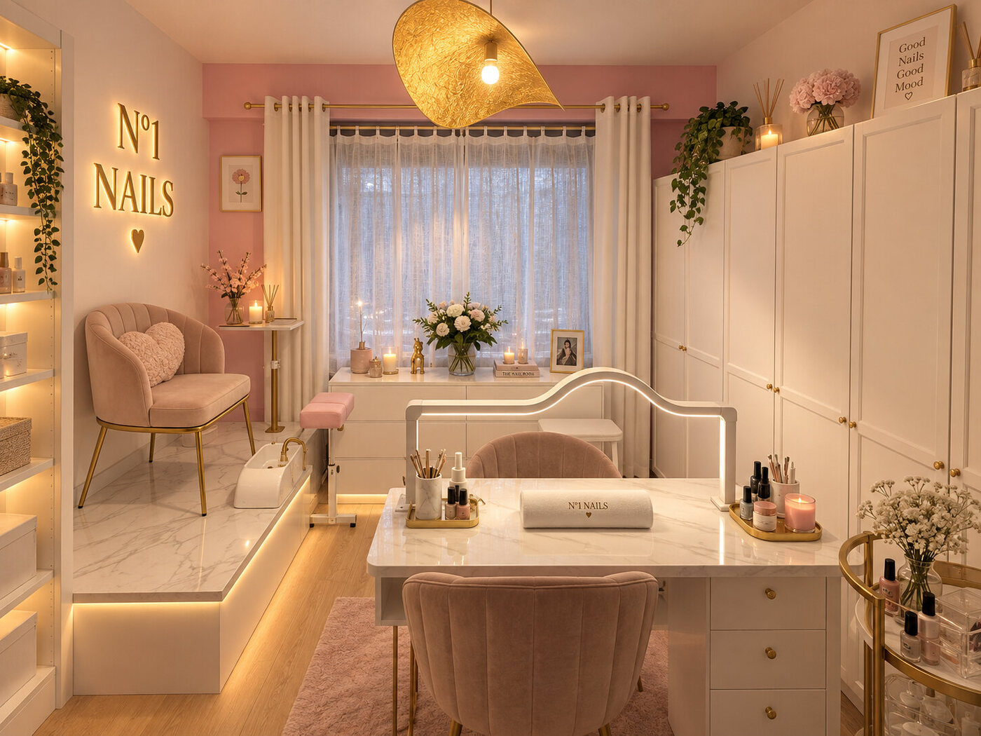 La pièce entière : poste de manucure en marbre face à la fenêtre, suspension dorée, fauteuils de velours blush et lettrage doré N°1 Nails sur le mur.