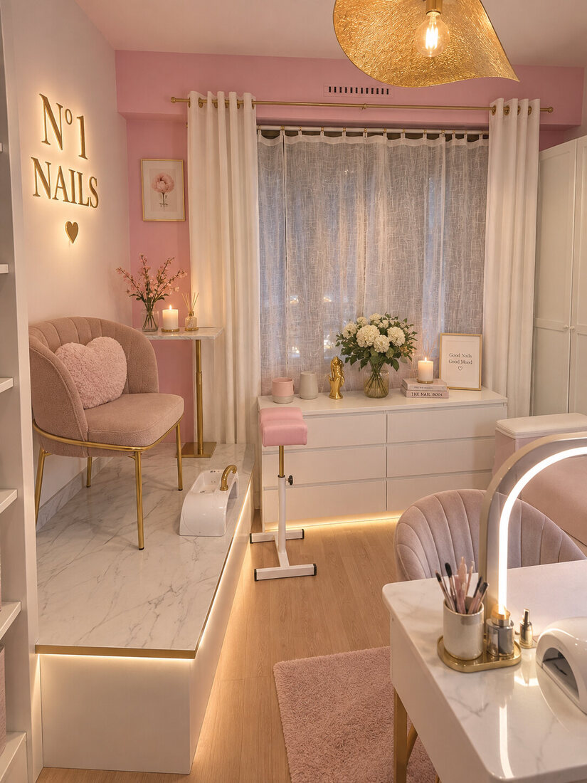 Le coin détente : fauteuil bouclé blush, coussin en forme de cœur et lettrage doré N°1 Nails surmonté d'un cœur, au-dessus du plan de marbre.